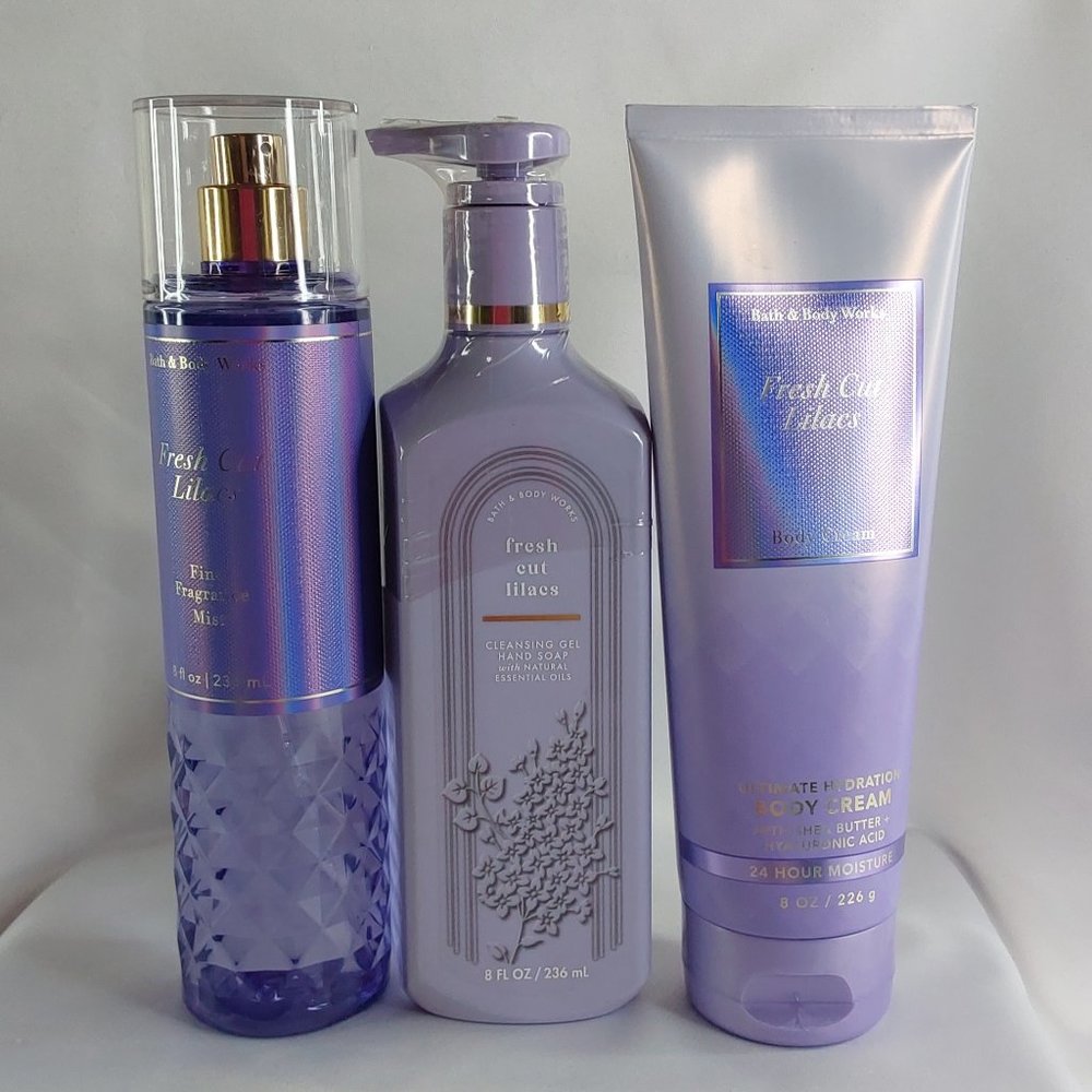 BATH & BODY WORKS 'FRESH CUT LILACS' 3-PIECE SET BODY MIST, CREAM & HAND SOAP